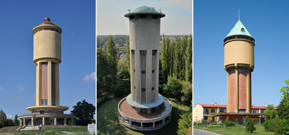 Obr. 4 Věžové vodojemy architekta Františka Jandy (Kolín, Poděbrady, Bělá pod Bezdězem)